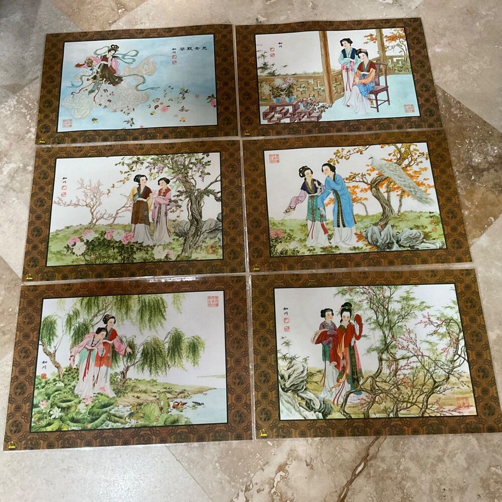 Set Of 6 Japanese Reversible Placemats Geisha Girls & Birds Duck 17”X 12”